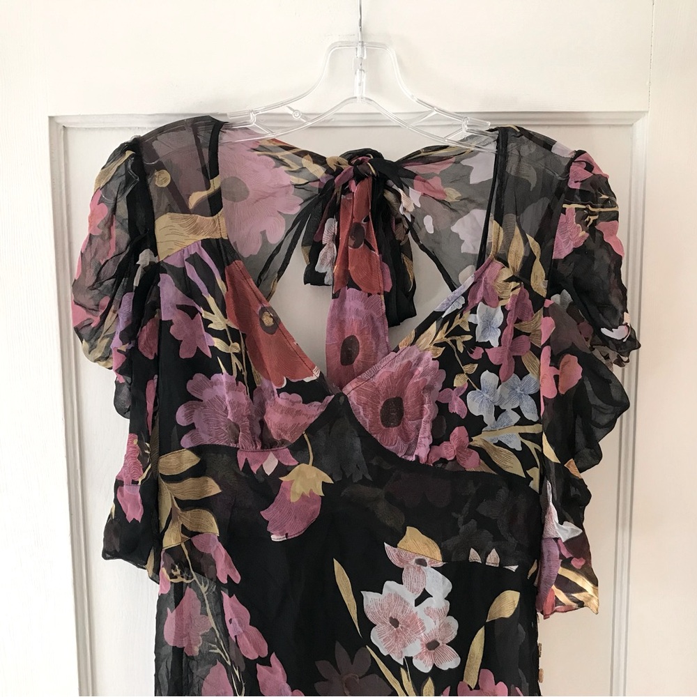 Tracy Reese | Black Botanical Floral Midi Dress 6 - Picture 3 of 10
